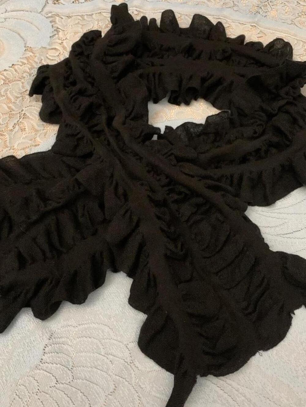 Y2K Black Ruffle Scarf Textured Puckered Frill Crinkle Knit Wrap OS